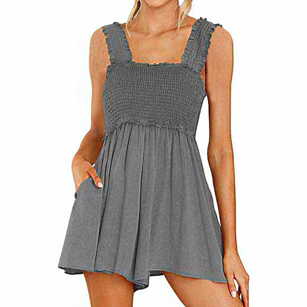 Women’s Summer Sleeveless Square Neck Ruffle Straps‎ Short Romper with Pockets
